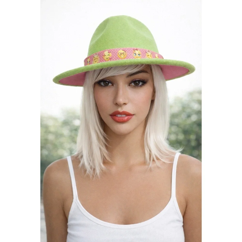 Fedora Hat Green Outside & Hot Pink‎ Inside with Pink Emoji Headband